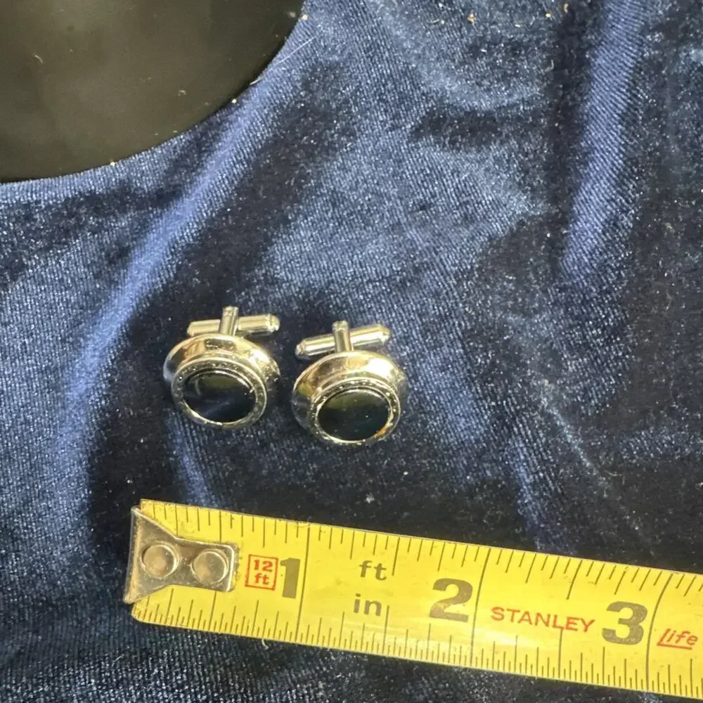 Vintage Midnight Blue Cabochon Bullet Back Cufflinks Silver Tone Round Formal
